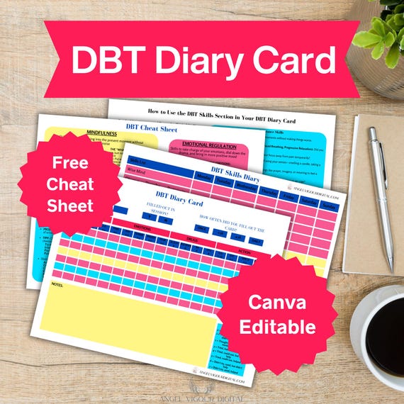 Printable DBT Diary Cards | Instant Download Canva Editable | Mental Health Tracker, Therapy Journal, DBT Skills Practice, Bright Self-Care