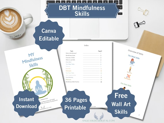 My Mindfulness Skills Workbook | Canva Editable & Printable | DBT Mindfulness Practice Sheets for Stress Relief Self-Improvement