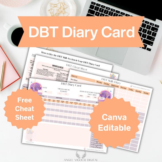 Modern Peach DBT Diary Cards Template Gift Idea  | Therapy Self-Help Canva Editable | Dialectical Behavior Therapy Instant Download Print