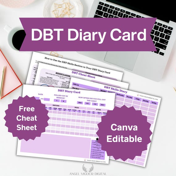Minimal Purple DBT Diary Cards Template | Therapy Aid Worksheet Gift Idea Instant Digital Download Print | DBT Skills Journal Canva Editable