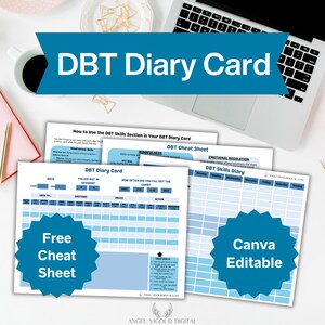 Minimalny niebieski szablon kart dziennika DBT | Dziennik terapii Natychmiastowe pobieranie cyfrowe Pomysł na prezent do druku | DBT Skills Tracker Canva Edytowalny