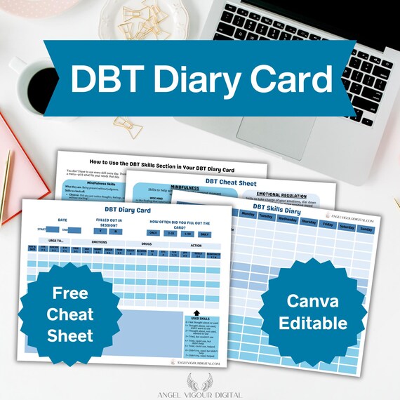 Minimal Blue DBT Diary Cards Template | Therapy Journal Instant Digital Download Print Gift Idea | DBT Skills Tracker Canva Editable