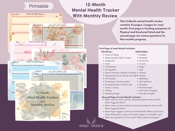 12Month Mind Health Tracker and Monthly Review Printable for Mental Health Tracker and Mental Health Monthly Review Digital Download