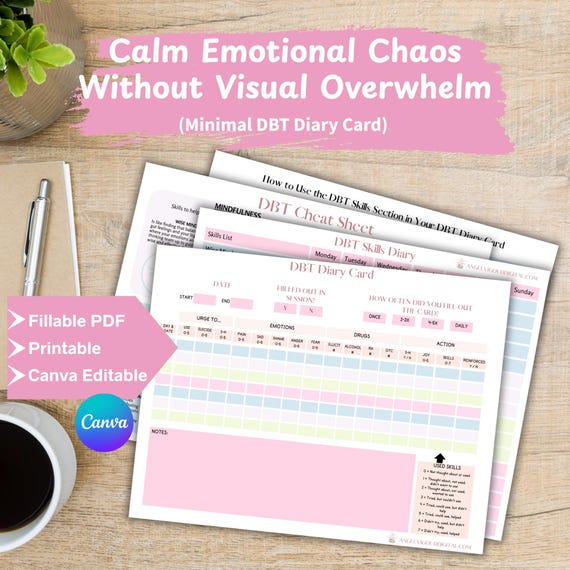Minimal Light Colors DBT Diary Cards Template Gift Idea | Dialectical Behavior Therapy Tracker Mental Health Journal | Canva Editable Print