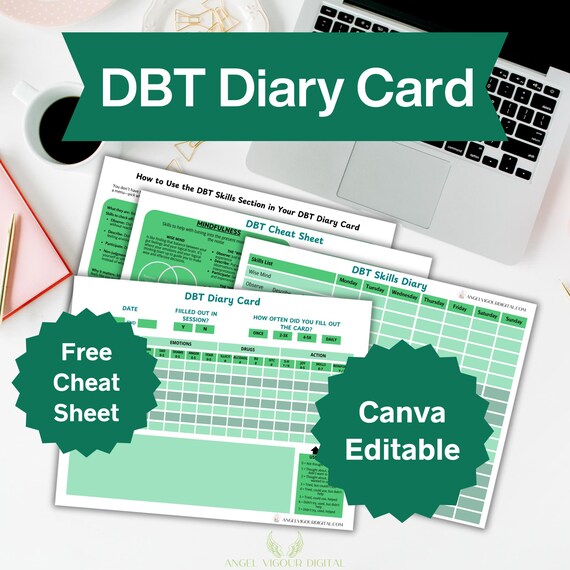Minimal Green DBT Diary Cards Template Gift Idea | Mental Health Tracker Canva Editable | DBT Therapy Tool Instant Download Digital Print