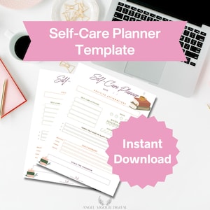 Könnte beinhalten: Eine rosa druckbare Vorlage für einen Selbstpflege-Planer mit dem Text "Self-Care Planner" und "Sofort-Download". Der Planer enthält Abschnitte für tägliche Affirmationen, Selbstpflege-Aktivitäten, Dinge, die dich heute glücklich gemacht haben, tägliche Bewegung, Ziele für morgen und einen Abschnitt für Notizen.