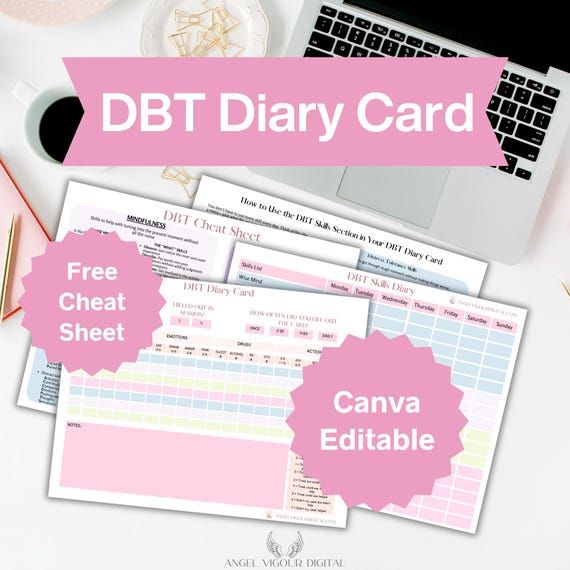Minimal Light Colors DBT Diary Cards Template Gift Idea | Dialectical Behavior Therapy Tracker Mental Health Journal | Canva Editable Print