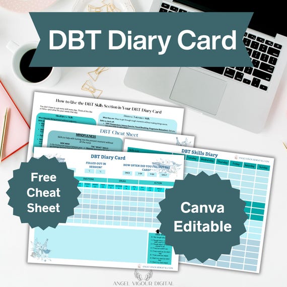 DBT Diary Card Instant Download Print Worksheet | Blue Floral Whale Mental Health Tracker Template Gift Idea DBT Therapy Tool Canva editable