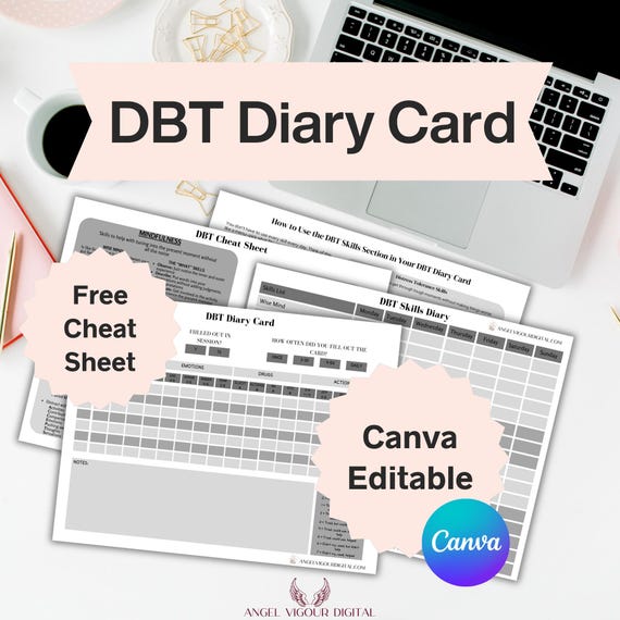 Basic Gray DBT Diary Cards Template | Therapy Self-Help Gift Idea Canva Editable | Fillable DBT Instant Download Print