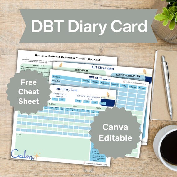 Printable DBT Diary Cards | Instant Download Canva Editable | Mental Health Tracker, Therapy Journal, DBT Skills Practice, Blue Calming