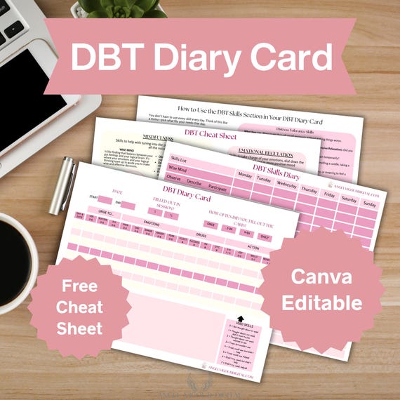 Pink DBT Diary Cards Template | Therapy Journal Instant Digital Download Print Gift Idea | DBT Skills Tracker Canva Editable