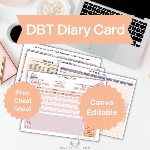 Peach Levander DBT Diary Cards Template Gift Idea | Therapy Self-Help Canva Editable | Dialectical Behavior Therapy Instant Download Print