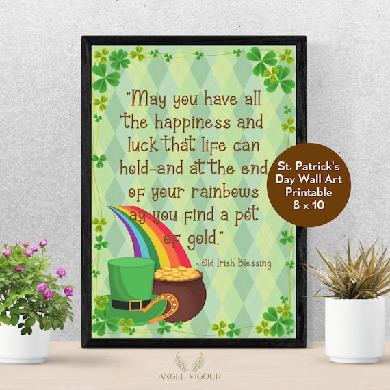 St. Patrick's Day Old Irish Blessing with Pot of Gold and Rainbow Wall Art Printable