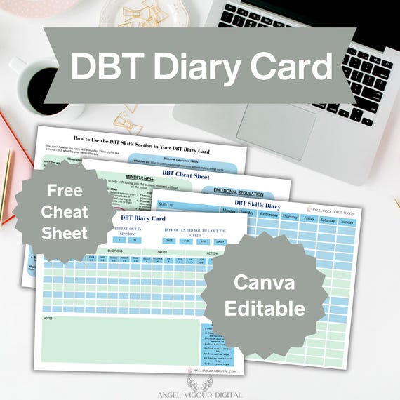 Printable DBT Diary Cards | Instant Download Canva Editable | Mental Health Tracker, Therapy Journal, DBT Skills Practice, Calming Self-Care