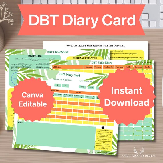 Summer DBT Diary Cards Template Dialectical Behavior Therapy Tracker Mental Health Journal Gift Idea | Canva Editable Instant Download Print