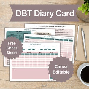 Modelo de cartões de diário DBT | Canva editável e download instantâneo | Rastreador de saúde mental, Earthy Therapy Journal, registro de habilidades DBT, PDF para impressão
