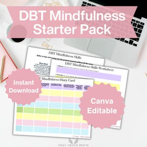 Mindfulness Starter Pack | Printable & Canva Editable | DBT-Inspired Skills Cheat Sheet + Diary Cards + Worksheet | Mental Health Tool