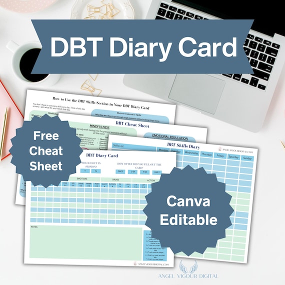 Printable DBT Diary Cards | Fillable PDF & Canva Editable Mental Health Tracker | Journal, DBT Skills Practice, Calming Self-Care