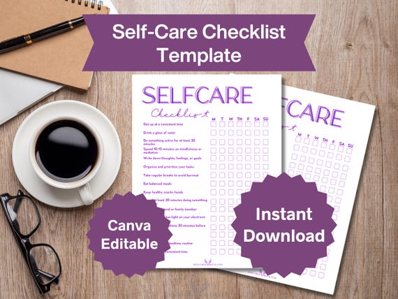 Purple Self-Care Checklist | Printable & Canva Editable | Customizable Self-Care Planner | Instant Download Gift Idea