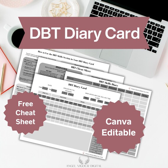 Basic Gray DBT Diary Cards Template | Therapy Self-Help Gift Idea Canva Editable | Fillable DBT Instant Download Print
