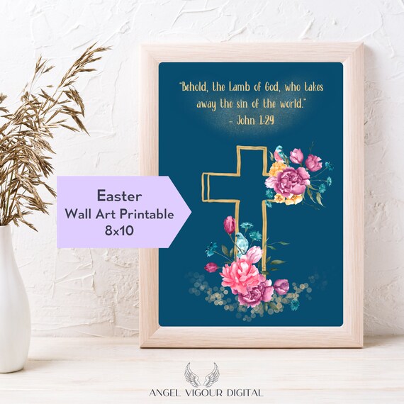 Religious Easter wall art Printable gold floral cross and Bible Verse from John 129