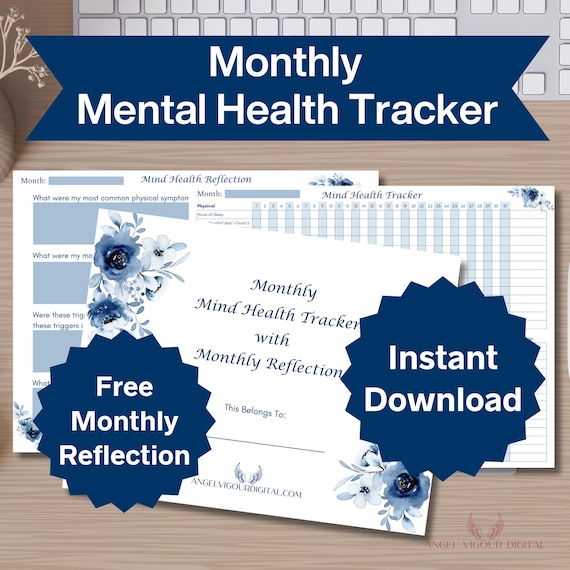 31-Day Mood and Symptom Tracker | Blue Floral Mental Health Journal | Self-Care and Wellness Planner | Printable PDF and Canva Editable