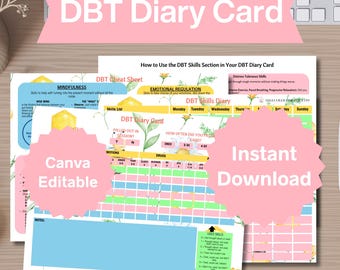 May include: A printable DBT Diary Card with a floral design. The card includes sections for mindfulness, emotional regulation, distress tolerance skills, and a skills list. The card is designed to help people track their progress with DBT skills.