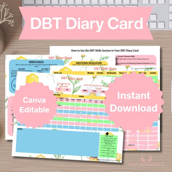 Spring DBT Diary Cards Template Gift Idea Dialectical Behavior Therapy Tracker Mental Health Journal | Canva Editable Instant Download Print
