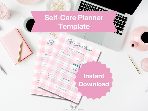 Daily Self Care Planner Pink Plaid Gift Idea |  Printable Canva Editable | Positive Affirmations Mood Tracker Wellness Goal Setting