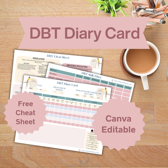 Modern Pink DBT Diary Cards Template Gift Idea | Mental Health Log Canva Editable | Dialectical Behavior Therapy Instant Download Print
