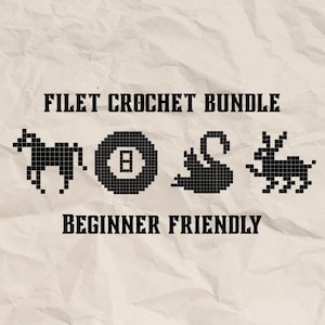 Puede incluir: Imagen digital sobre un fondo texturizado con el texto "FILET CROCHET BUNDLE" y "BEGINNER FRIENDLY". Debajo, imágenes negras pixeladas de un caballo, una bola ocho, un cisne y un conejo.