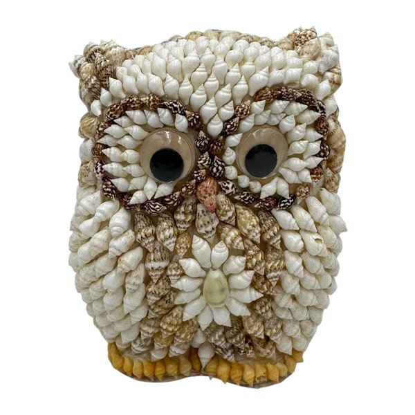 Handcrafted Seashell Google Eyed Owl Figurine 5” Beach House Ocean Decor Vintage