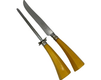 Vintage Butterscotch Bakelite Carving Knife Set Yellow Handles