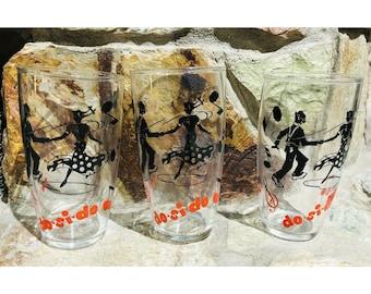 3 Vintage Square Dance Glass Do Si Do Anchor Hocking Clear black red ombré