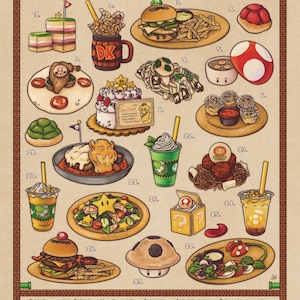 Op de afbeelding: Een geïllustreerde poster met verschillende gerechten geïnspireerd op Super Nintendo World. De gerechten omvatten hamburgers, cakes, salades en drankjes, elk met een uniek ontwerp. De poster heeft een bruine rand en tekst bovenaan.