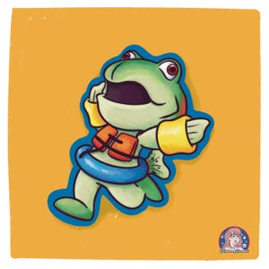 Op de afbeelding: Een cartoon illustratie van een groene kikker met een zwemvest, armzwembandjes en een blauwe zwemband. De kikker heeft rode ogen en een wijd open mond. De afbeelding heeft een blauwe omtrek en staat tegen een geel-oranje achtergrond.