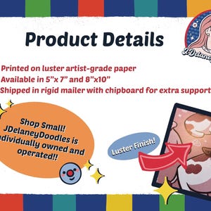 May include: Product details for a print of a cow in a field. The print is available in 5x7 inches and 8x10 inches. The print is printed on luster artist-grade paper and shipped in a rigid mailer with chipboard for extra support. The print has a luster finish.