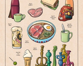 May include: A colorful illustration of various foods and drinks from the animated film Ponyo (2008). The illustration includes a sandwich, ramen, chips and soda, beer, milk and honey, ice cream, and a variety of elixirs.