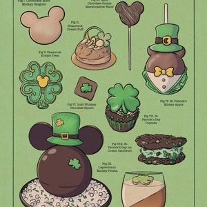 Puede incluir: Ilustración de golosinas de Disney para el Día de San Patricio. La imagen presenta un beignet con forma de Mickey Mouse, una varita de malvavisco, un cream puff, un Krispie treat, un cuadrado de chocolate, una manzana Mickey, una magdalena, un sándwich de helado, una piñata y una panna cotta.