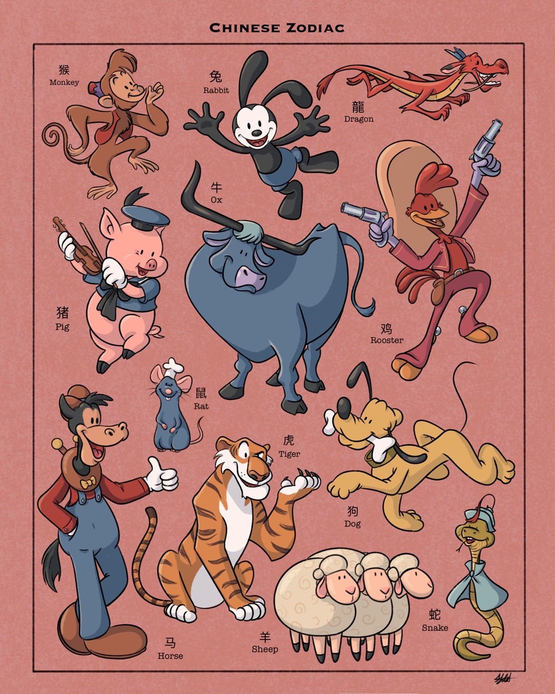 Chinese Zodiac Disney Animation Inspired Art Print Etsy