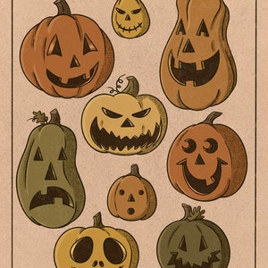 May include: Nine hand-drawn illustrations of jack-o'-lantern pumpkins with different facial expressions. The pumpkins are in various shades of orange, green, and brown.