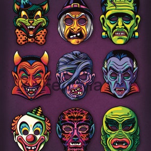 Retro Halloween Masks - Art Print