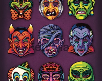 Retro Halloween Masks - Art Print