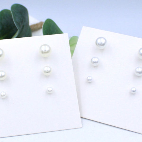 Pearl Studs, 3 pair Earring Set, Plastic Post Earrings, 4/6/8mm Pearls, Everyday Earring Set for Sensitive Ears, Metal Free Earrings