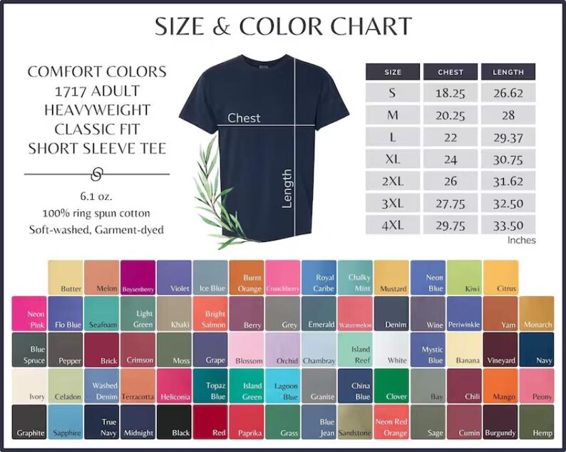 K&ouml;nnte beinhalten: Ein marineblaues Kurzarm-T-Shirt mit einer Gr&ouml;&szlig;en- und Farbtabelle. Die Tabelle enth&auml;lt Brust- und L&auml;ngenma&szlig;e in Zoll. Das Shirt ist 6,1 oz, 100 % ringgesponnene Baumwolle, weich gewaschen und st&uuml;ckgef&auml;rbt.