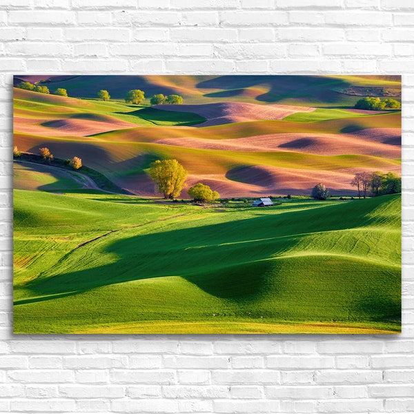 Palouse Hills Spring Serenity, Rolling Hills Sunset Photography, American Countryside, Serene Majesty, Metal photo print, Canvas Wall Art