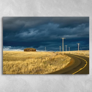 Eastern Oregon Sunlight and Shadows Farmland Photo, Stormy Sky over Rolling Hills in Golden Hour, Pacific Northwest Countryside Photo Print