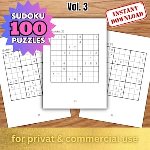 100 Sudoku medium and hard Vol 3 | Digital Puzzle Games | Sudoku Printable | Adult Puzzle Games | Digital Product | Printables