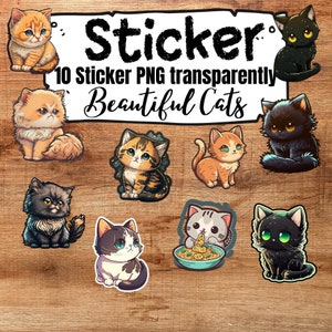 10 Cute Cat Sticker | Digital Stickers Download and Print | Vinyl Sticker | Manga Sticker | Cartoon Sticker for Sticker Book | PNG files