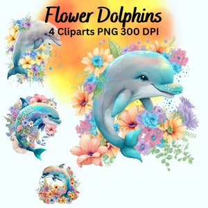 4 sublimation de dauphins colorés PNG | Images à l'aquarelle | Art numérique aquarelle | Clipart pour les enfants | Conception d'art imprimable | Téléchargeable